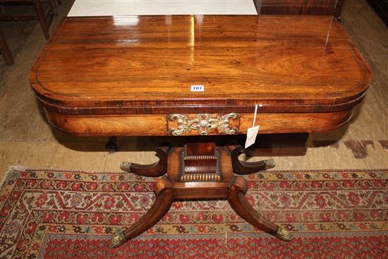 A Regency brass inset rosewood card table, W.3ft